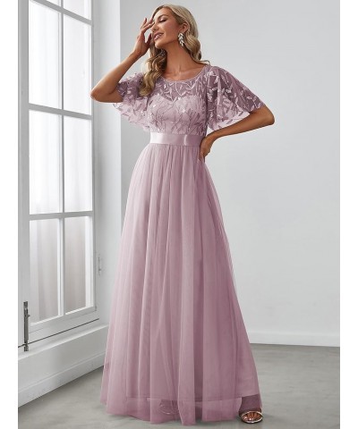 Women's Crew Neck A-Line Evening Cocktail Long Dress Ruffle Sleeve High Waist Beaded Bridesmaid Dresses 0904-USA Lilac $49.77...