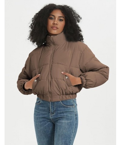 Winter Jackets for Women Winter Long Sleeve Zip Short Women Crop Puffer Jacket Warm Spliced Jackets Cropped Khaki $13.95 Jackets