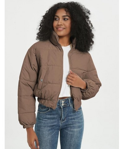 Winter Jackets for Women Winter Long Sleeve Zip Short Women Crop Puffer Jacket Warm Spliced Jackets Cropped Khaki $13.95 Jackets