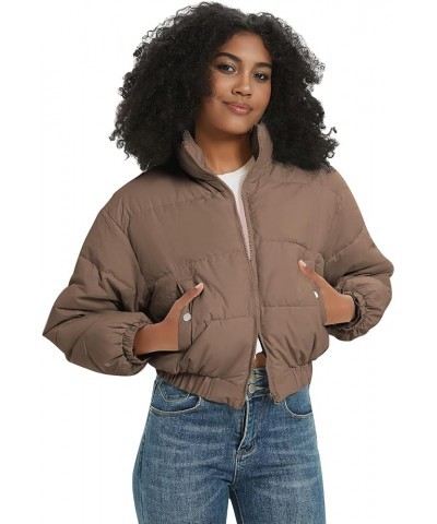 Winter Jackets for Women Winter Long Sleeve Zip Short Women Crop Puffer Jacket Warm Spliced Jackets Cropped Khaki $13.95 Jackets