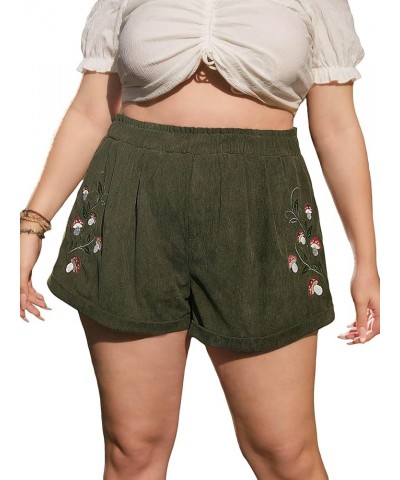 Women's High Waisted Mushroom Embroidery Wide Leg Roll Up Hem Loose Shorts Plus Army Green $12.75 Shorts