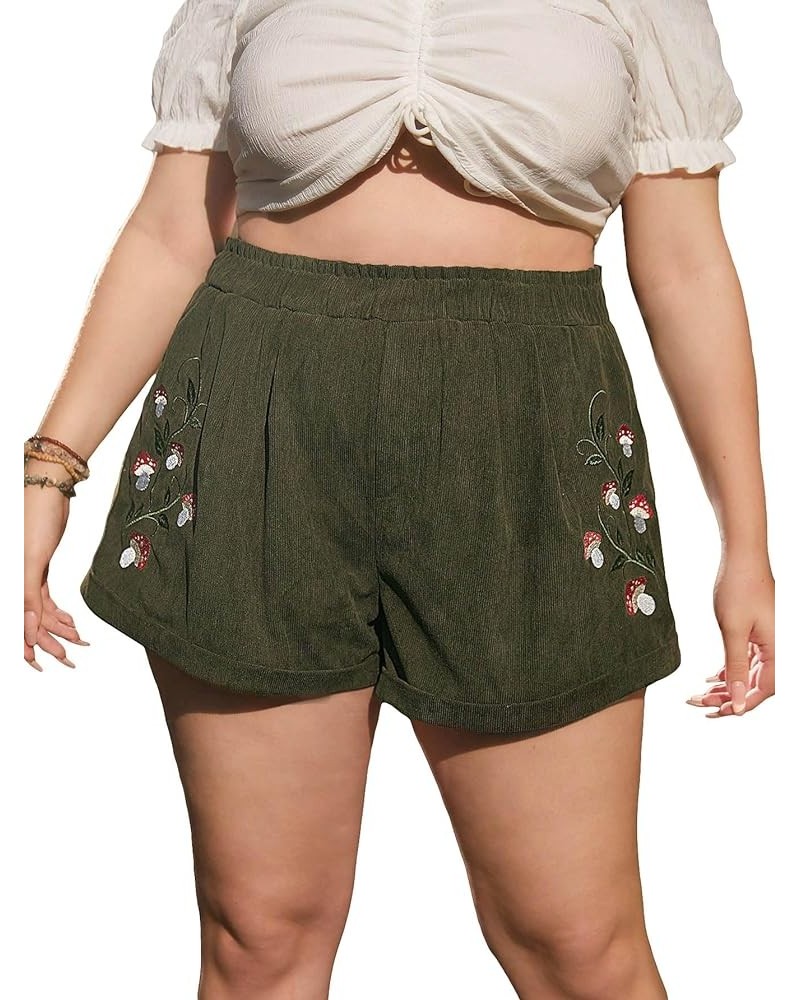 Women's High Waisted Mushroom Embroidery Wide Leg Roll Up Hem Loose Shorts Plus Army Green $12.75 Shorts