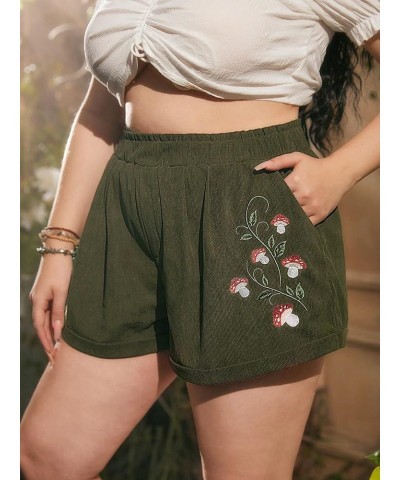 Women's High Waisted Mushroom Embroidery Wide Leg Roll Up Hem Loose Shorts Plus Army Green $12.75 Shorts