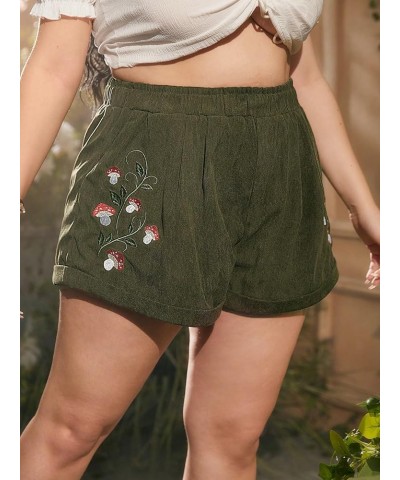 Women's High Waisted Mushroom Embroidery Wide Leg Roll Up Hem Loose Shorts Plus Army Green $12.75 Shorts