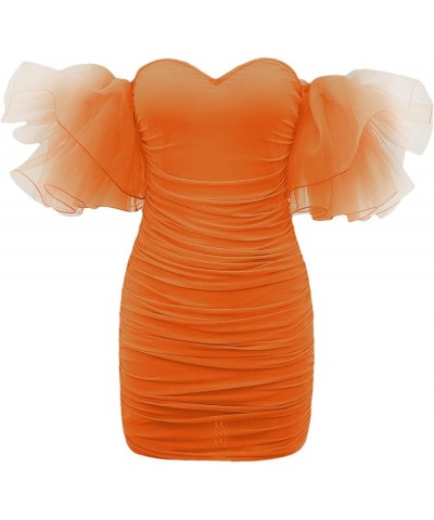 Women's Off Shoulder Prom Dress Puff Sleeve Ruched Mesh Cocktail Bodycon Party Elegant Mini Dresses Orange $23.52 Dresses