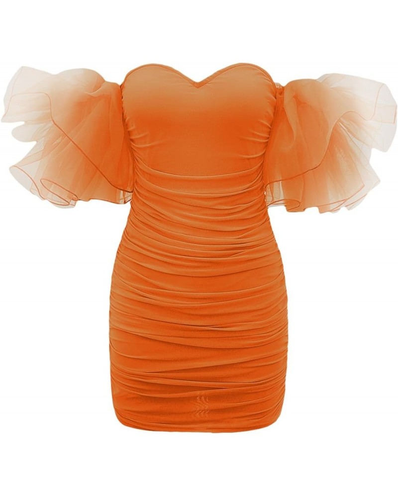 Women's Off Shoulder Prom Dress Puff Sleeve Ruched Mesh Cocktail Bodycon Party Elegant Mini Dresses Orange $23.52 Dresses