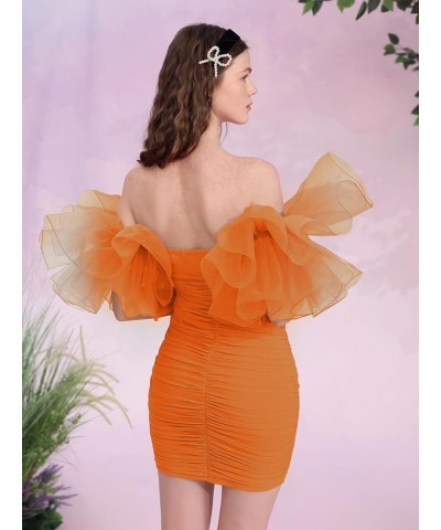 Women's Off Shoulder Prom Dress Puff Sleeve Ruched Mesh Cocktail Bodycon Party Elegant Mini Dresses Orange $23.52 Dresses