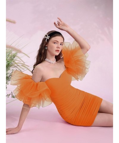 Women's Off Shoulder Prom Dress Puff Sleeve Ruched Mesh Cocktail Bodycon Party Elegant Mini Dresses Orange $23.52 Dresses