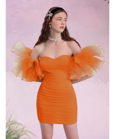 Women's Off Shoulder Prom Dress Puff Sleeve Ruched Mesh Cocktail Bodycon Party Elegant Mini Dresses Orange $23.52 Dresses