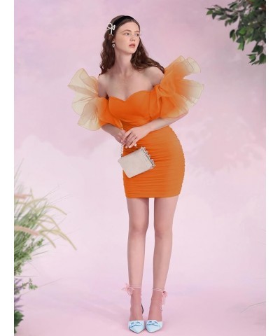 Women's Off Shoulder Prom Dress Puff Sleeve Ruched Mesh Cocktail Bodycon Party Elegant Mini Dresses Orange $23.52 Dresses