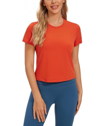 Women's Pima Cotton Short Sleeve Crop Tops High Neck Cropped Workout Tops Yoga Athletic Shirts Casual T-Shirt Brick Orange $1...