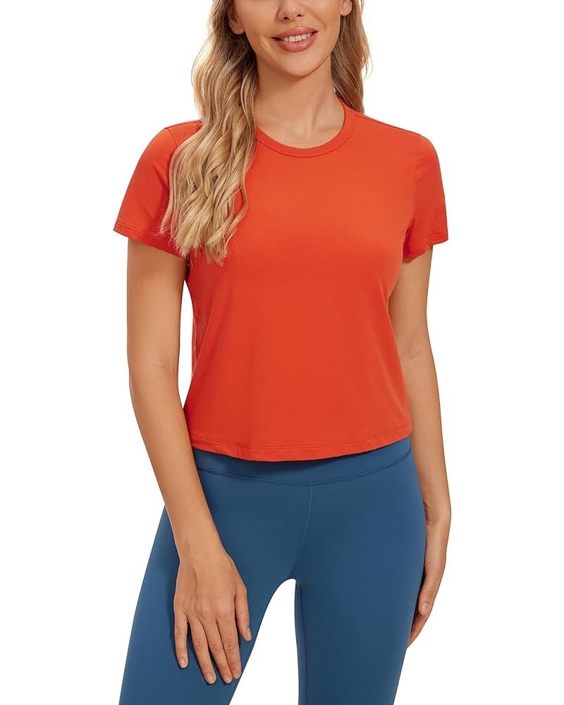 Women's Pima Cotton Short Sleeve Crop Tops High Neck Cropped Workout Tops Yoga Athletic Shirts Casual T-Shirt Brick Orange $1...