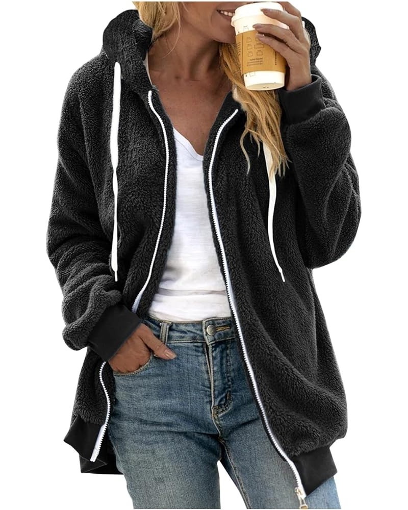 Women's Winter Fuzzy Fleece Jacket Color Block Zip Up Cardigan Coats Oversized Fluffy Sherpa Outerwear with Pockets 05-black ...