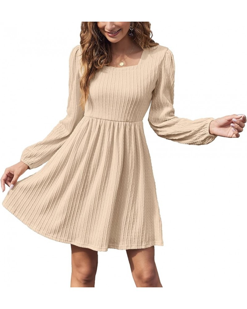 Womens Long Sleeve Knit Dress Square Neck Knee Length Casual Babydoll Fall Dresses 2023 Beige $13.51 Dresses