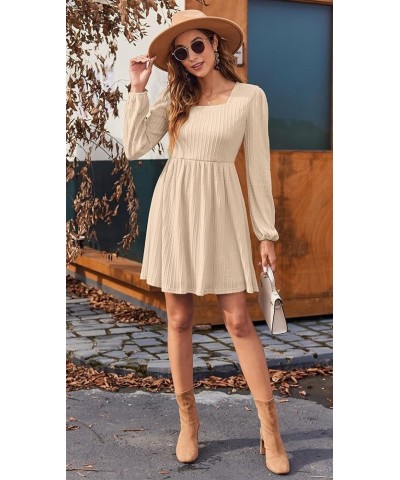 Womens Long Sleeve Knit Dress Square Neck Knee Length Casual Babydoll Fall Dresses 2023 Beige $13.51 Dresses