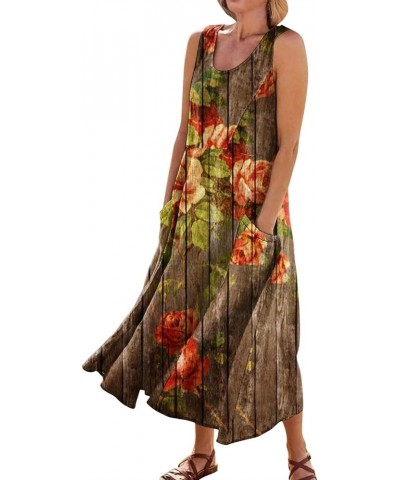 Casual Dresses for Women Summer Sleeveless Floral Print Tank Sundress Pleated T-Shirt Cotton Dress with Pockets 3-brown $11.4...