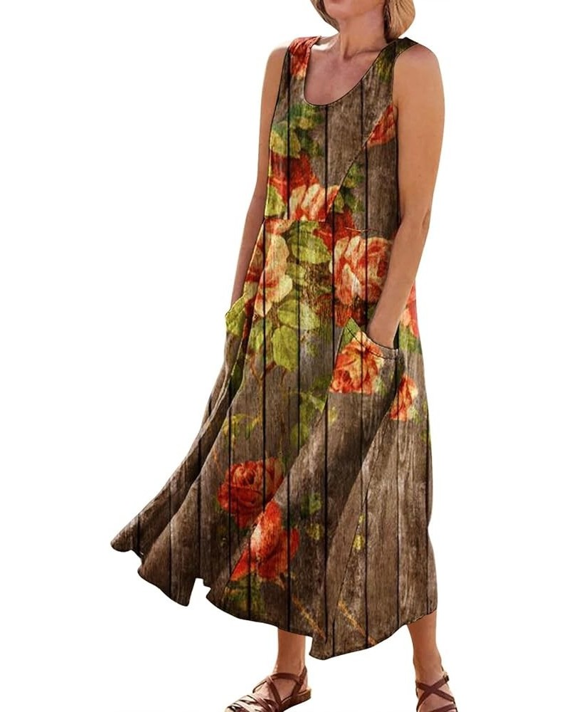 Casual Dresses for Women Summer Sleeveless Floral Print Tank Sundress Pleated T-Shirt Cotton Dress with Pockets 3-brown $11.4...