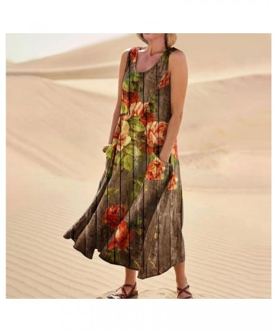 Casual Dresses for Women Summer Sleeveless Floral Print Tank Sundress Pleated T-Shirt Cotton Dress with Pockets 3-brown $11.4...