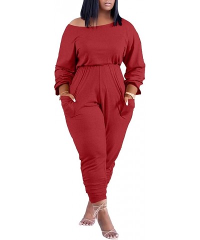 Casual One Piece Loose Jumpsuit for Women Summer Plus Size Overalls Off Shoulder Pockets Romper 9023-red $22.79 Overalls