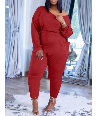 Casual One Piece Loose Jumpsuit for Women Summer Plus Size Overalls Off Shoulder Pockets Romper 9023-red $22.79 Overalls