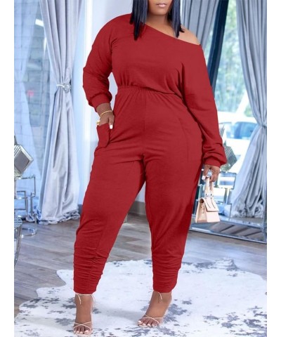 Casual One Piece Loose Jumpsuit for Women Summer Plus Size Overalls Off Shoulder Pockets Romper 9023-red $22.79 Overalls