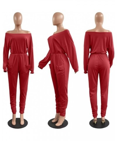 Casual One Piece Loose Jumpsuit for Women Summer Plus Size Overalls Off Shoulder Pockets Romper 9023-red $22.79 Overalls