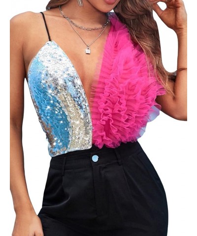 Women's Sequin Frill Trim Plunging Deep V Neck Bodysuit Hot Rave Party Shirt Tops Hot Pink $23.39 Bodysuits
