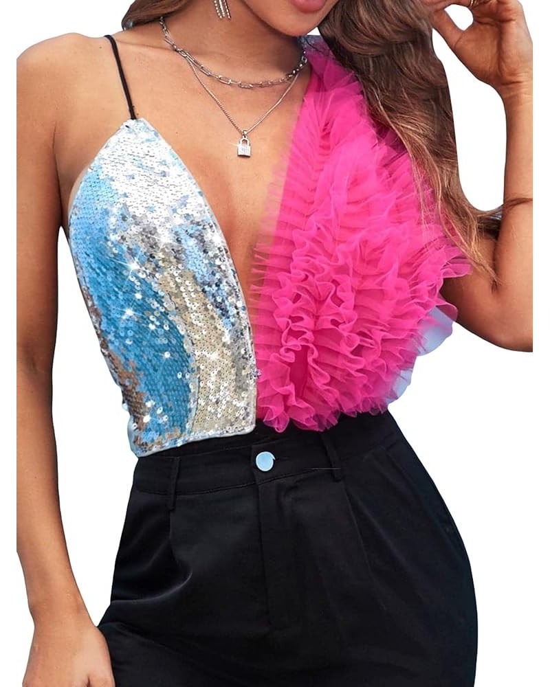 Women's Sequin Frill Trim Plunging Deep V Neck Bodysuit Hot Rave Party Shirt Tops Hot Pink $23.39 Bodysuits