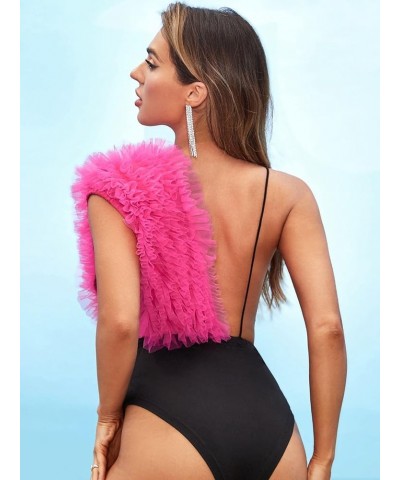 Women's Sequin Frill Trim Plunging Deep V Neck Bodysuit Hot Rave Party Shirt Tops Hot Pink $23.39 Bodysuits