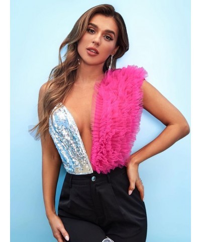 Women's Sequin Frill Trim Plunging Deep V Neck Bodysuit Hot Rave Party Shirt Tops Hot Pink $23.39 Bodysuits