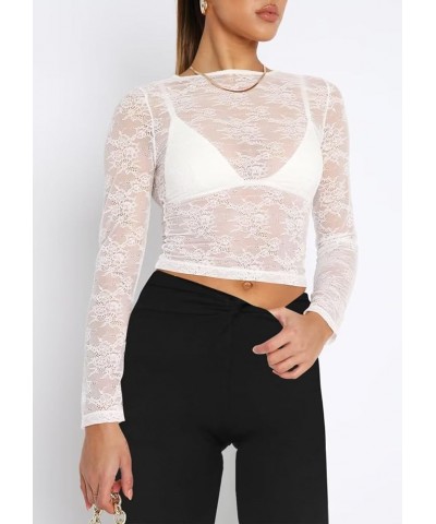 Womens Lace Mesh Long Sleeve Layering Top Embroidery Sheer Y2K Going Out Summer Sexy Floral See Through Crop Tops 01 White $1...