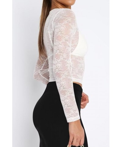 Womens Lace Mesh Long Sleeve Layering Top Embroidery Sheer Y2K Going Out Summer Sexy Floral See Through Crop Tops 01 White $1...