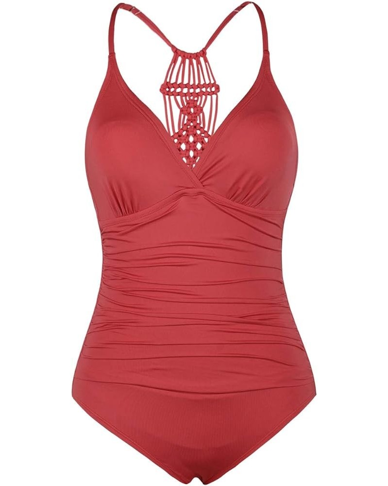 Women's Tummy Control One Piece Bathing Suits V Neck Swimsuits Hand-Braid Macrame Ruched Slimming Swimwear Coral Red $18.45 S...