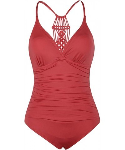 Women's Tummy Control One Piece Bathing Suits V Neck Swimsuits Hand-Braid Macrame Ruched Slimming Swimwear Coral Red $18.45 S...