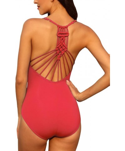 Women's Tummy Control One Piece Bathing Suits V Neck Swimsuits Hand-Braid Macrame Ruched Slimming Swimwear Coral Red $18.45 S...