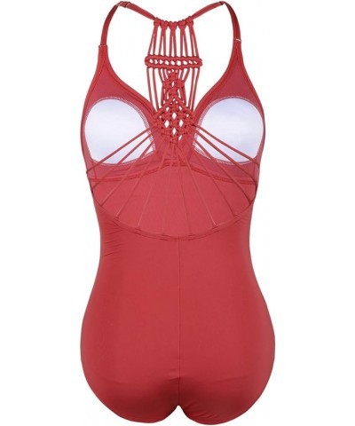 Women's Tummy Control One Piece Bathing Suits V Neck Swimsuits Hand-Braid Macrame Ruched Slimming Swimwear Coral Red $18.45 S...