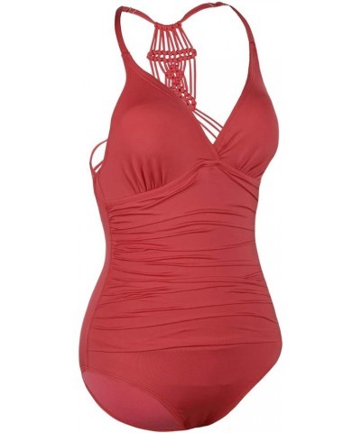 Women's Tummy Control One Piece Bathing Suits V Neck Swimsuits Hand-Braid Macrame Ruched Slimming Swimwear Coral Red $18.45 S...