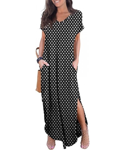 Women's Casual Loose Pocket Long Dress Short Sleeve Split Maxi Dresses 32 Fp Polka Dot Black $13.44 Dresses