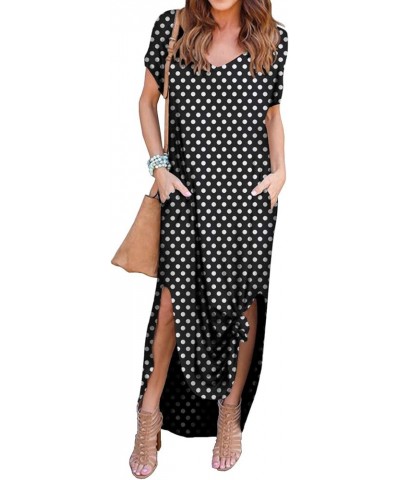 Women's Casual Loose Pocket Long Dress Short Sleeve Split Maxi Dresses 32 Fp Polka Dot Black $13.44 Dresses