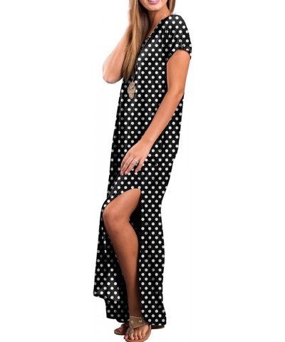 Women's Casual Loose Pocket Long Dress Short Sleeve Split Maxi Dresses 32 Fp Polka Dot Black $13.44 Dresses