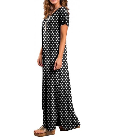 Women's Casual Loose Pocket Long Dress Short Sleeve Split Maxi Dresses 32 Fp Polka Dot Black $13.44 Dresses