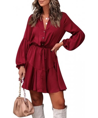 Women's Long Sleeve Button Down Mini Dresses Casual V Neck Ruffle Satin Tunic Dresses Wine Red $17.22 Dresses