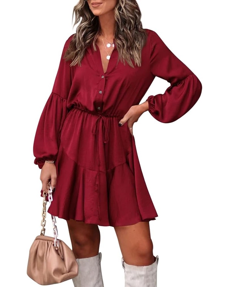 Women's Long Sleeve Button Down Mini Dresses Casual V Neck Ruffle Satin Tunic Dresses Wine Red $17.22 Dresses