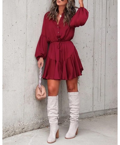 Women's Long Sleeve Button Down Mini Dresses Casual V Neck Ruffle Satin Tunic Dresses Wine Red $17.22 Dresses