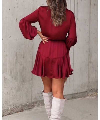 Women's Long Sleeve Button Down Mini Dresses Casual V Neck Ruffle Satin Tunic Dresses Wine Red $17.22 Dresses