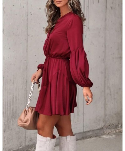 Women's Long Sleeve Button Down Mini Dresses Casual V Neck Ruffle Satin Tunic Dresses Wine Red $17.22 Dresses