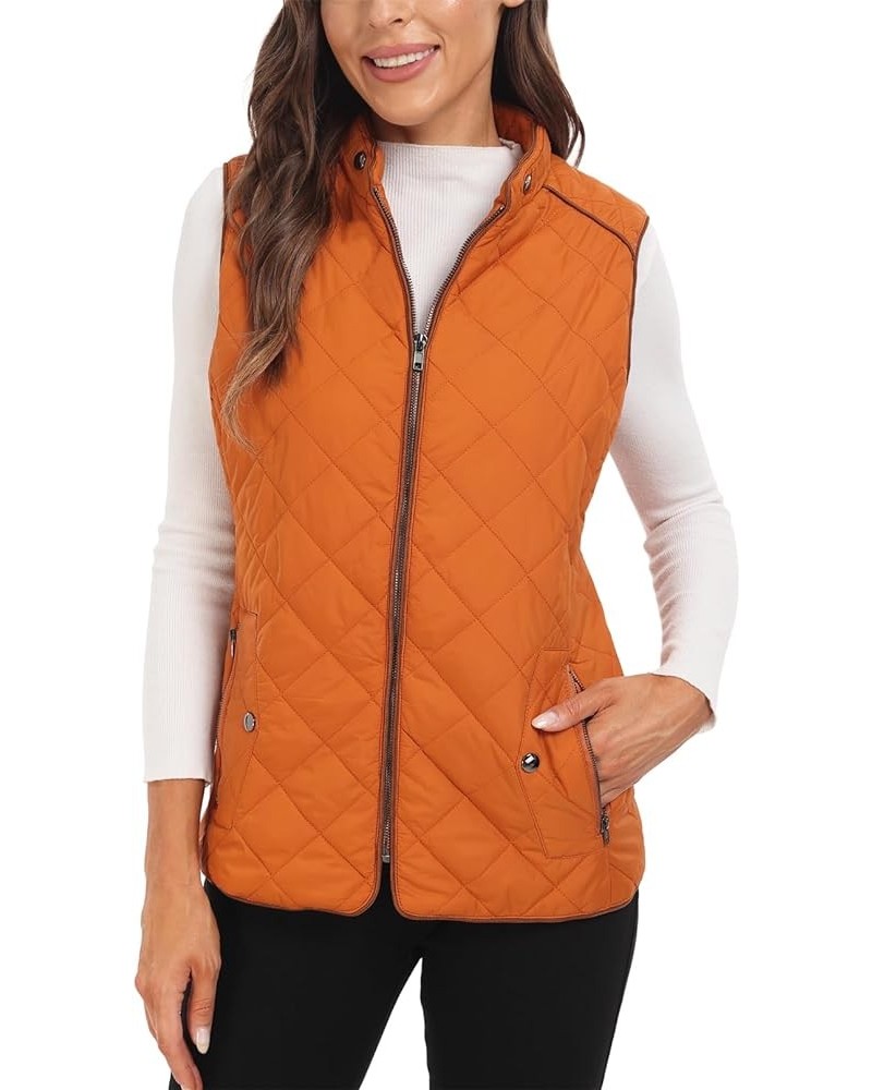 Women Padded Vest Stand Collar Zip Up Trendy Puffer Lightweight Quilted Vest Brownish Yellow $20.68 Vests