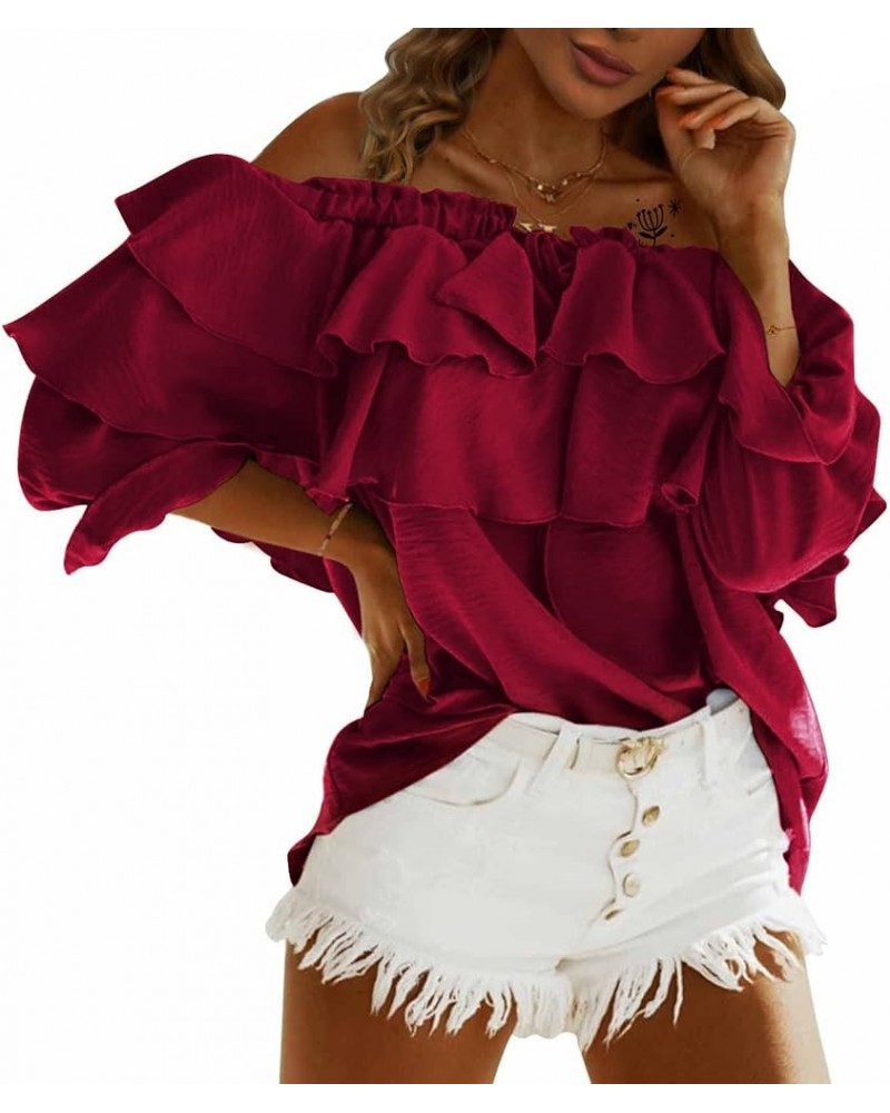 Women's Off Shoulder Ruffle Long Sleeve Blouses Casual Layered Tops Wine Red $21.72 Blouses