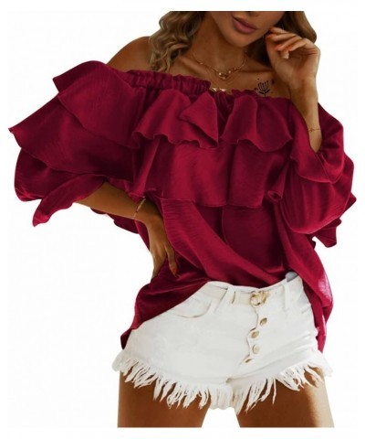 Women's Off Shoulder Ruffle Long Sleeve Blouses Casual Layered Tops Wine Red $21.72 Blouses