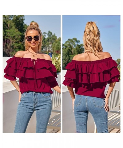 Women's Off Shoulder Ruffle Long Sleeve Blouses Casual Layered Tops Wine Red $21.72 Blouses